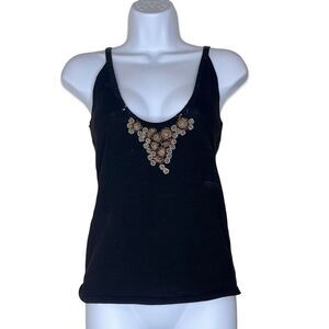 Dixie Black Merino Wool Blend Tank Top Gold Beaded Embellished V Neck Italian